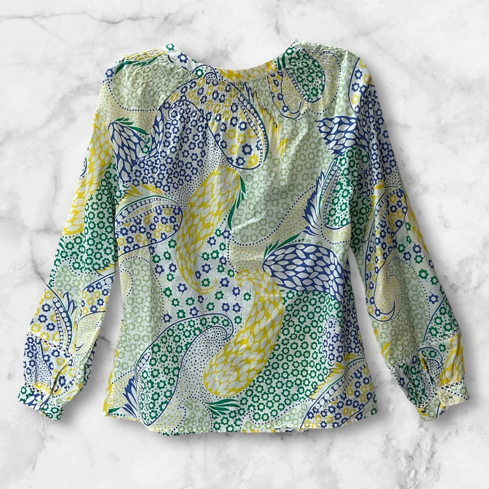 Talbots Smocked Peasant Blouse Button Up Crochet Accents Green Blue Yellow Sz S - Picture 4 of 10